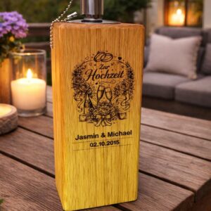 Personalized oak wedding garden torch – oil torch with names & date – handmade wedding gift – oil torch